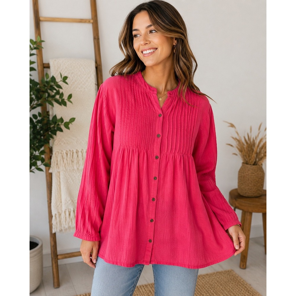 Eucalyptus Handmade Guatemala Red Cotton Pintuck Tunic Blouse‎ Womens XL Boho